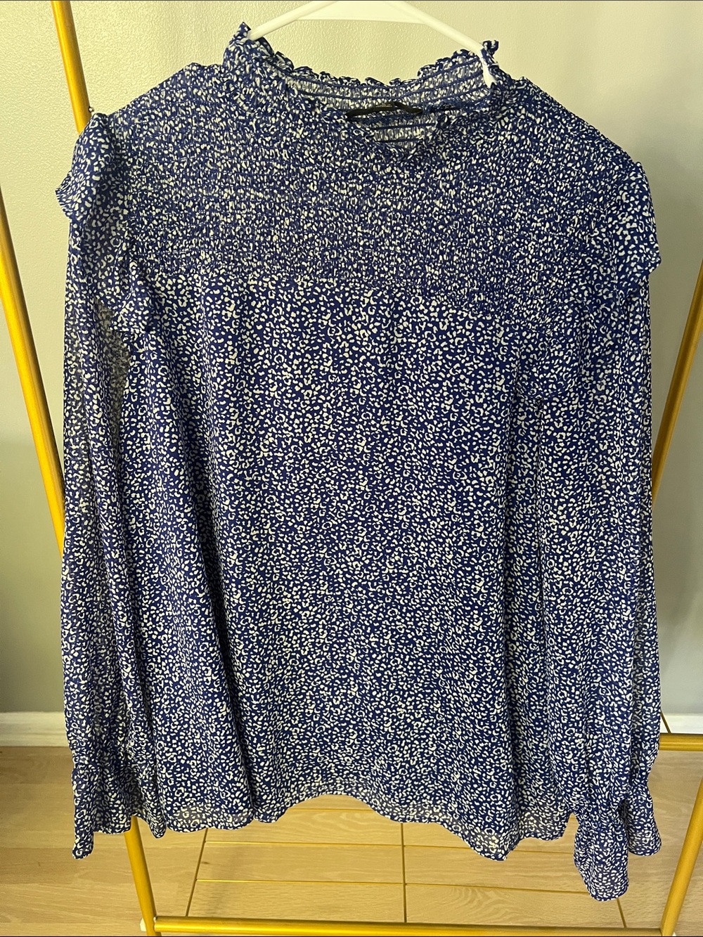 Banana Republic Navy and White Long-Sleeve Small Leopard Print Blouse